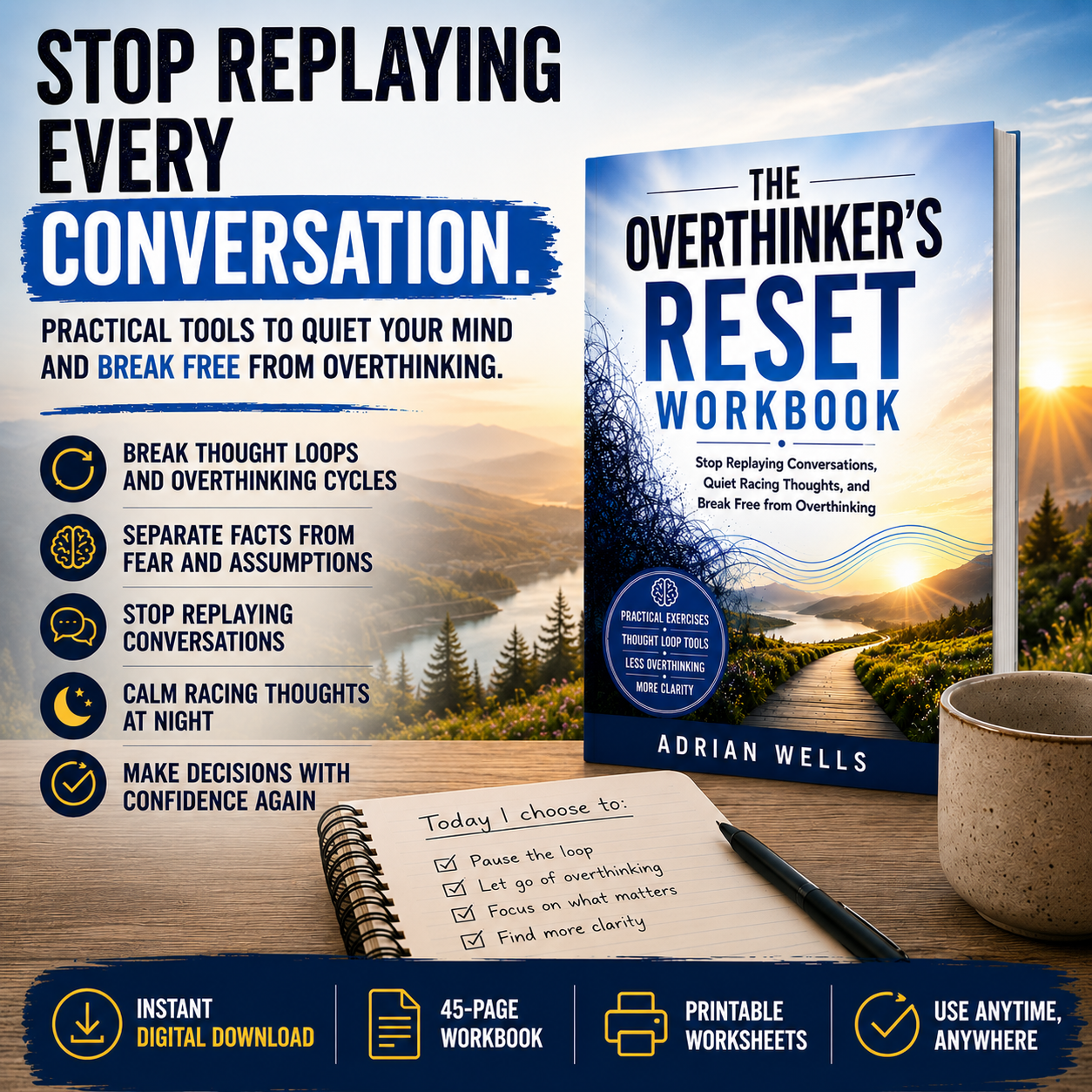 The Overthinker's Reset Workbook - Stop Replaying Conversations, Quiet Racing Thoughts, and Break Free from Overthinking