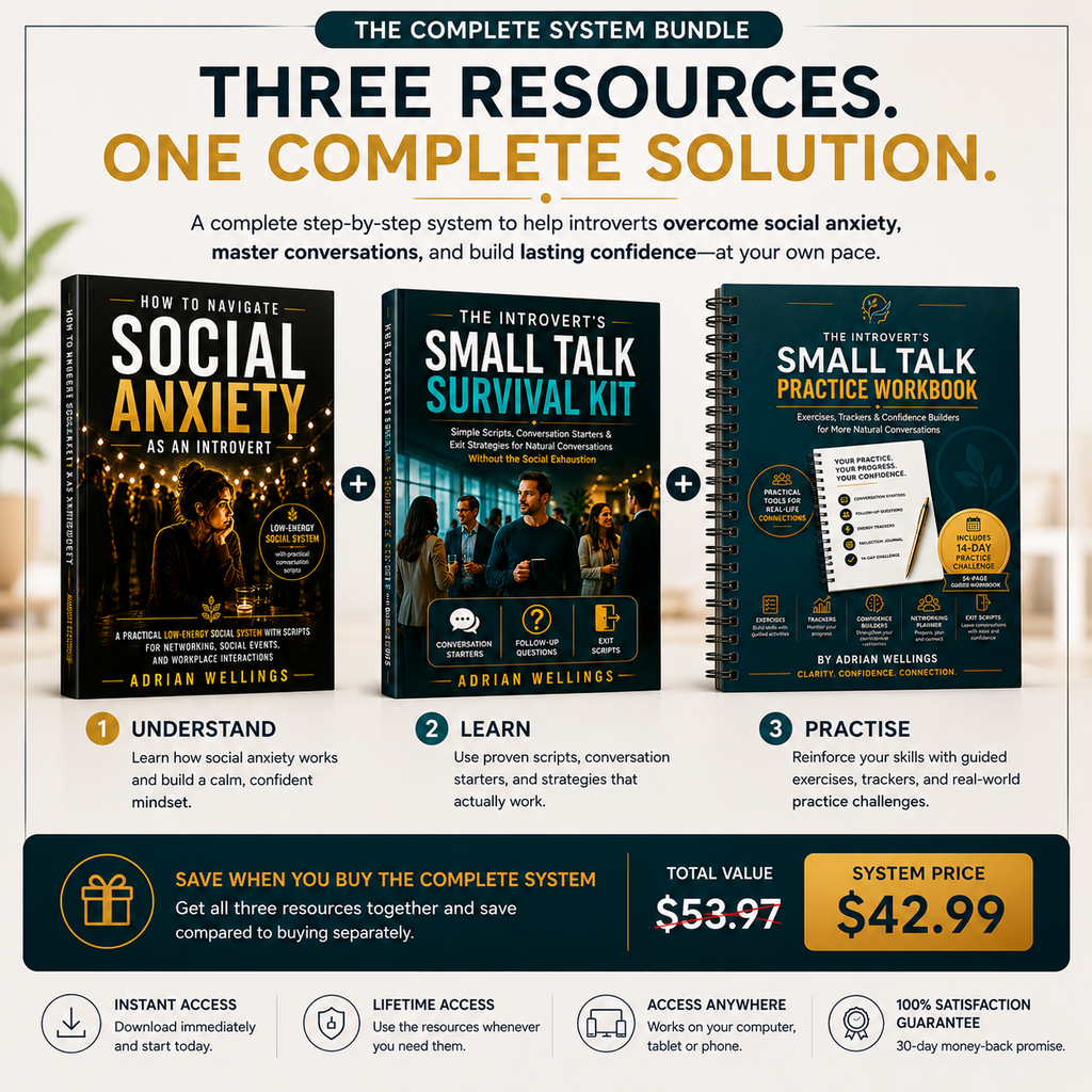 The Complete Introvert Social Confidence System | Three practical resources working together to help you overcome social anxiety, master natural conversations, and build lasting confidence without pretending to be someone you're not.